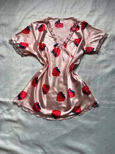 Cute Strawberry Print Satin Nightie