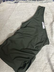 Mango Olive Ribbed One-Shoulder Top XS Size