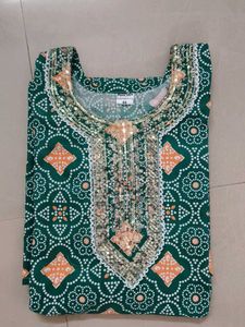 Pure Cotton Embellished Green Bandhani Kurta