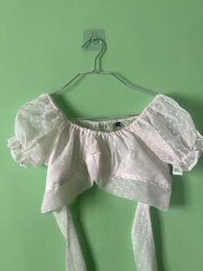 White Sheer Polka Dot Crop Top with Tie
