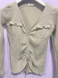Ribbed Ruched V-Neck Top