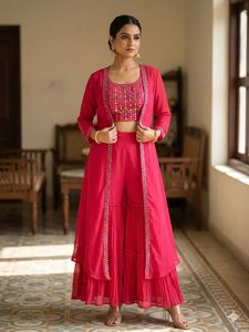 Stunning Pink Embroidered Kurta Set with Jacket