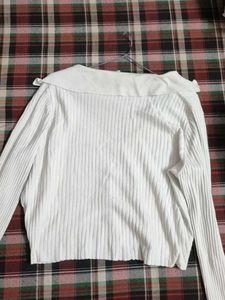White Ribbed Collared Crop Top
