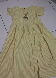 Yellow Striped Dress with Floral Embroidery