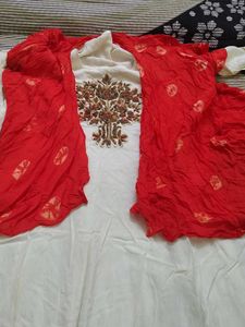 Elegant White Kurta Set with Red Jacket