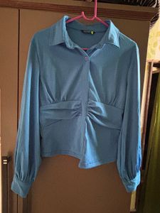 Blue Ruched Button-Up Shirt