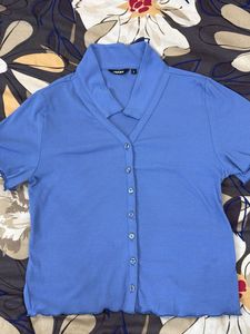 Blue Ribbed Collared Button-Up Top