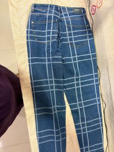 Blue Checkered Denim Jeans