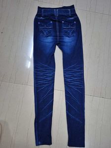 Blue Handwork Rhinestone Denim Leggings