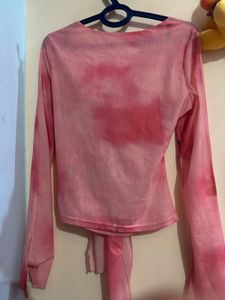 Sheer Pink Tie-Front Long Sleeve Top