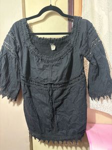 Boho Crochet Black Off-Shoulder Top