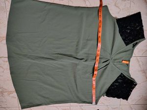 Olive Green Top with Black Lace Accents