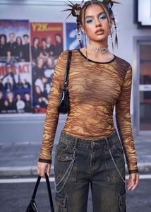 Y2K Tiger Print Mesh Long Sleeve Top