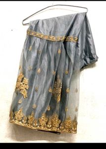 Elegant Grey &amp; Gold Embroidered Fabric