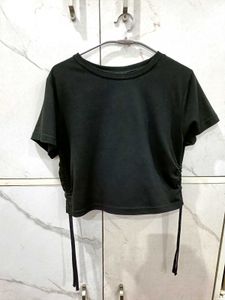 Black Ruched Drawstring T-Shirt