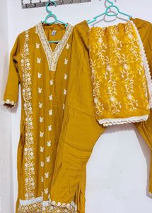 Embroidered Mustard Kurta Set with Dupatta
