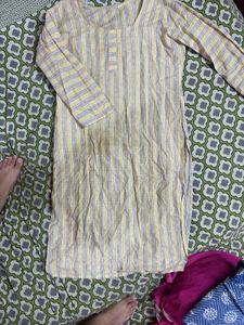 Yellow &amp; Grey Striped Casual Tunic Kurti