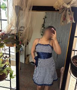Blue &amp; White Gingham Dress with Lace Trim