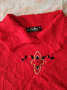 Red Knit Poncho with Tassel Fringe