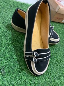 "Stylish Black Loafers with Cream Trim all sizes