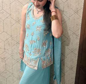 Turquoise Blue Embellished Festive Suit Set