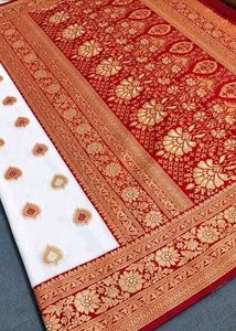 Elegant White Saree with Gold &amp; Red Border Gauti Z