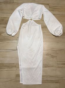 Elegant White Cut-Out balloon sleeve Midi Dress