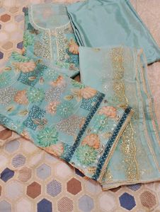 Designer Teal Embroidered Kurti Set