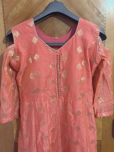 Peach Cold Shoulder Dress with Gold Geometric Prin