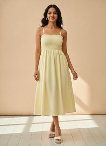 Cream Smocked Midi Dress