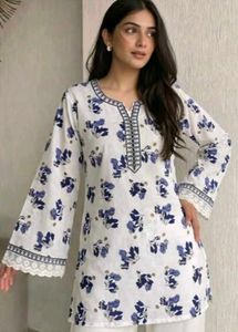White Kurta with Blue Floral Print
