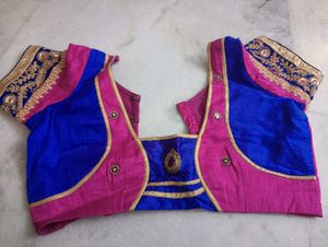 Stunning Pink Saree with Blue &amp; Gold Border
