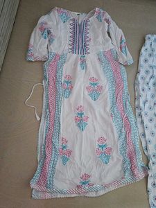 White Kurta Set with Pink & Blue Prints