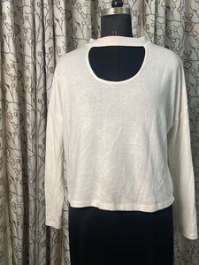 Cream Cut-Out Neck Long Sleeve Top