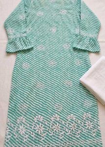 Green Striped Kurta Set with White Pants