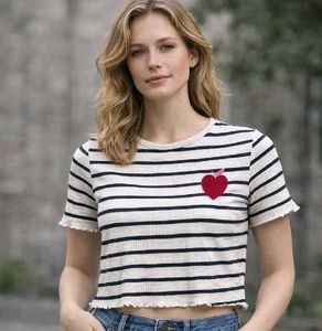 Striped Cropped T-Shirt with Heart Detail