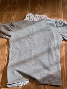 Gray Button-Up Jacket with Polka Dot Collar