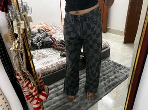 Checkerboard Print Wide Leg Jeans