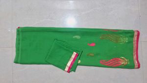 parrot Green Embroidered Saree with blouse piece
