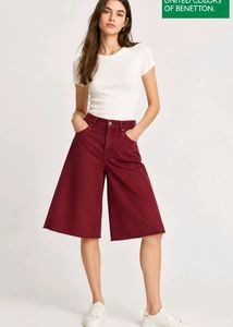 Benetton Maroon Wide-Leg Cropped Jeans