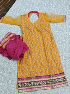Yellow Embroidered Kurta with Dupatta