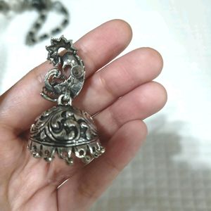 Oxidised Silver Peacock Jhumka Earrings