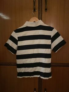 navy blue and white striped button shirt