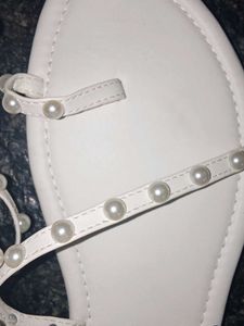 Elegant White Pearl Embellished Flat Sandals