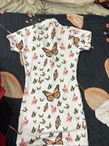 White Butterfly Print Mini Dress