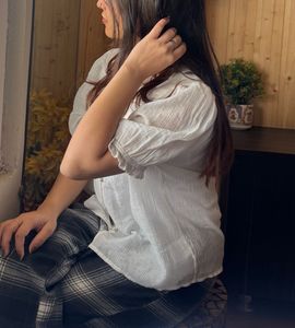 White Textured Ruffle Collar Button-Down Top