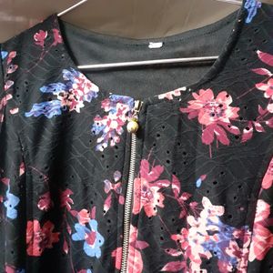 Black Floral Printed Front Slit Women Kurti Dress