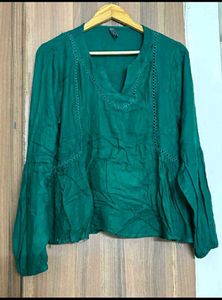 Emerald Green V-Neck Long Sleeve Top