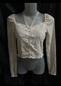 Cream Lace Trim Long Sleeve Top