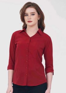 Chic Red Collared 3/4 Sleeve Shirt